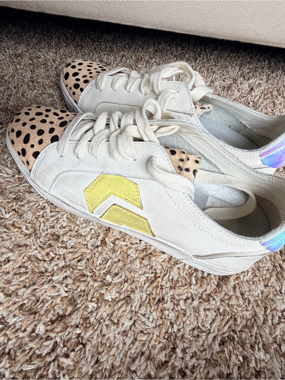 Dolce Vita White Leather Sneakers with Yellow Accent and Leopard Toe - Picture 3 of 6